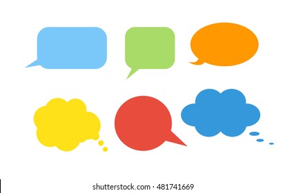 Colorful speech bubbles set on white background. Talk and think bubbles. Blue, green, yellow, red and orange icons.