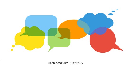 Colorful speech bubbles set on white background. Talk and think bubbles. Blue, green, yellow, red and orange icons.