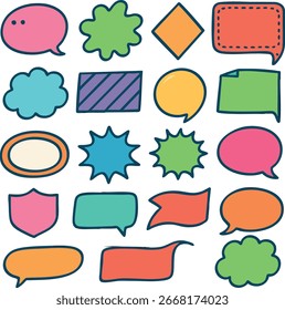 Conjunto de burbujas de discurso colorido Globos cómicos de Ilustración vectorial Burbujas de chat Globos de mensaje Etiquetas de diálogo Globos de texto Globos de escritura Burbujas de dibujos animados Iconos de comunicación.