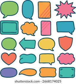 Conjunto de burbujas de discurso colorido Globos cómicos de Ilustración vectorial Burbujas de chat Globos de mensaje Etiquetas de diálogo Globos de texto Globos de escritura Burbujas de dibujos animados Iconos de comunicación.