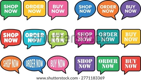 Colorful speech bubbles with shop now and buy now text