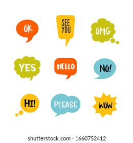 Colorful speech bubbles with short message vector icon set. Single isolated signs on white background