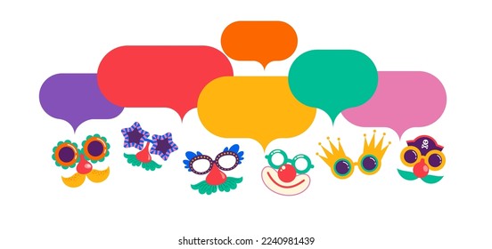 Colorful Speech Bubbles, street art, carnival concept design with funny masks, fun costumes. Colorful background with splashes, speech bubbles, masks and confetti 