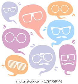 Colorful speech bubbles with sunglasses and mustaches.Vector illustration of funny  speech bubble characters series.