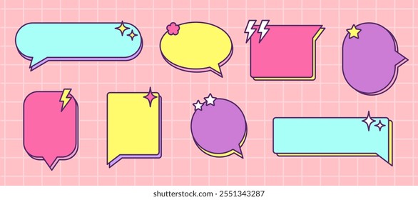 Colorful speech bubbles, text boxes and conversation chats in retro Memphis style. Communication symbol. Vector illustration