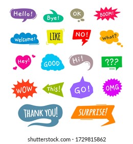 Colorful speech bubbles with text set. Online chat words, message, internet dialog. Can be used for social media, online application, communication concept