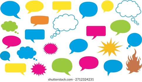 Colorful speech bubbles and thought balloons in various shapes and sizes on white background