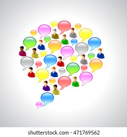 Colorful speech bubbles and user icons vector background