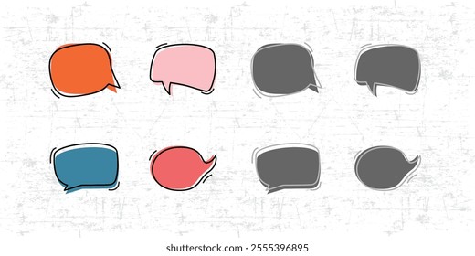 Colorful speech bubbles in various shapes and sizes, including rectangular, oval and rounded rectangular forms. The bubbles are in shades of orange, pink, blue, and black, with red outlines. 