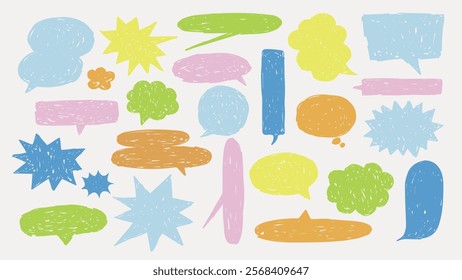 Colorful speech bubbles in various shapes and sizes. Speech bubbles in blue, green, yellow, and pink. Decorative speech bubbles for creative designs. Message illustration vector.