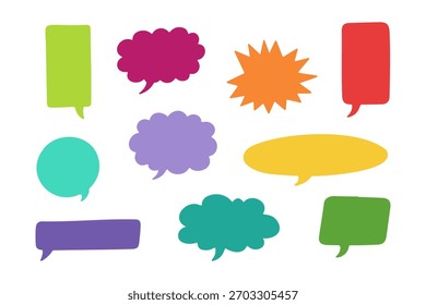 Colorful speech bubbles of various shapes and sizes arranged on a white background.
