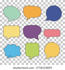 Bolhas de fala coloridas em várias formas são organizadas em um fundo transparente, perfeito para conceitos de comunicação e diálogo.