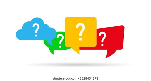 Colorful speech and cloud bubbles with question marks, symbolizing inquiry, FAQ, or customer support, isolated on a white background.