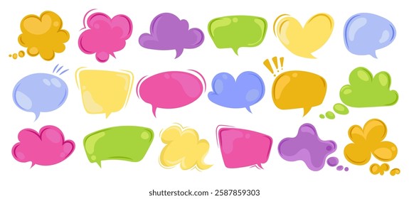 Colorful speech and thought bubbles in various shapes set, round, square, heart, and cloud designs. Vector illustration for comics,messages, stickers, emblem, social media, posters,graphic design