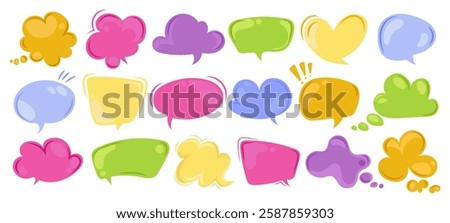 Colorful speech and thought bubbles in various shapes set, round, square, heart, and cloud designs. Vector illustration for comics,messages, stickers, emblem, social media, posters,graphic design