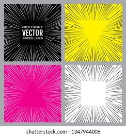 Colorful speed lines background. Effect motion lines for comic book and manga. Radial rays from center of frame with effect explosion. Template for design. Vector