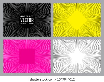 Colorful speed lines background. Effect motion lines for comic book and manga. Radial rays from center of frame with effect explosion. Template for design. Vector