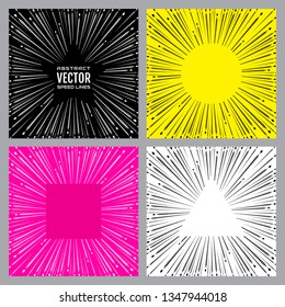 Colorful speed lines background. Effect motion lines for comic book and manga. Radial rays from center of frame with effect explosion. Template for design. Vector