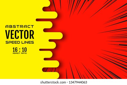 Colorful speed lines background with space for text. Effect motion lines for comic book and manga. Radial rays from center of frame with effect explosion. Template for design. Vector
