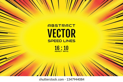 Colorful speed lines background with space for text. Effect motion lines for comic book and manga. Radial rays from center of frame with effect explosion. Template for design. Vector