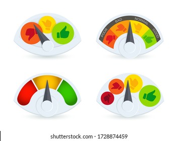 Colorful Speedomeret, Barometer, Fuel Gauge Logo Set. Business Performance Review Indicator Logotype Collection. Thumbs Up And Down Progress Sensor Symbols.