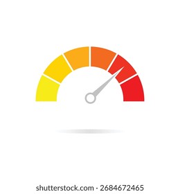 A colorful speedometer gauge with a needle pointing towards the higher end of the scale, indicating maximum speed or performance, isolated on a white background.