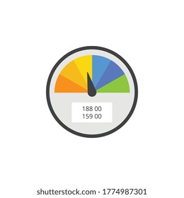 Colorful speedometer gauge with two number values isolated on white background. Tool for speed measurement with dial on medium, vector illustration.