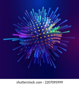 Colorful sphere of 3D dots. Dynamic explosion ball. Art geometric shape on dark background.