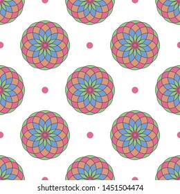Colorful spheres geometric seamless pattern. Decorative dots, and flower shaped spheres on isolated white background. For baby fabric, backdrop, wallpaper, etc. EPS-10 vector, printable CMYK colors.