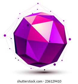 Colorful spherical 3D abstract object with connected lines and dots, magenta orbed lattice figure isolated on white background.