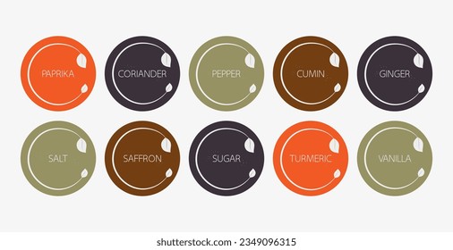 Colorful spice organizer sticker set. Vector food labels for spices. Labels for marking. Stickers for spices on a dark background. Vector illustration