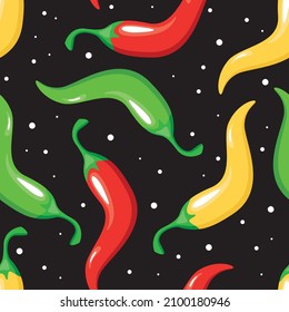 Colorful spicy chili pepper vegetables on black background seamless pattern. Vector illustration.