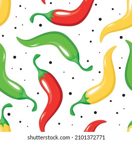 Colorful spicy chili pepper vegetables on white background seamless pattern. Vector illustration.