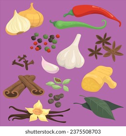 colorful spicy spices vegetables flat item setvector design illustration