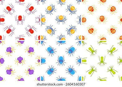 Colorful spider patterns repeating on white background