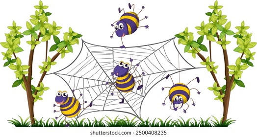 Colorful spiders playing on a web between trees
