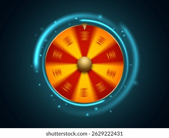 Colorful spinning fortune wheel with glowing blue circular cparks effects and motion blur. Ideal for online casino, game UI, rewards or promotional lucky draws