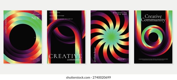 Colorful spiral abstract circles vector wall art set with neon gradient swirls on dark background. Vibrant modern poster collection for creative studio and interior decor.