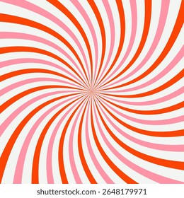 Fundo de estouro espiral colorido com listras cor-de-rosa e vermelha. Padrão de explosão solar radial retro com efeito de espiral hipnótico. Perfeito para pop art, cartazes, designs de festa e gráficos de estilo vintage.