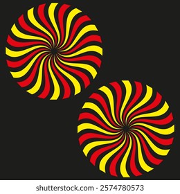 Colorful spiral design. Abstract circular pattern. Dynamic swirl vector. Red and yellow elements.