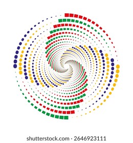 Pontos espirais coloridos e quadrados Pattern.Abstract vibrante Círculos concêntricos Design.  Perfeito para fundos, elementos gráficos, temas relacionados à tecnologia ou projetos de arte contemporânea.