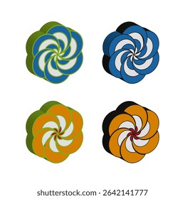Colorful spiral icons. Abstract swirl elements. Rounded pinwheel shape. Vector contrast design.