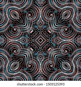 Colorful spiral lines vector seamless pattern. Ornamental gepmetric background. Repeat decorative modern backdrop. Abstract line art swirls ornament. Curves, spirals, dots, circles. Endless texture.