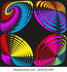 Colorful spiral patterns. Vibrant swirl vector. Rainbow rotation designs. Bright whirl graphics.