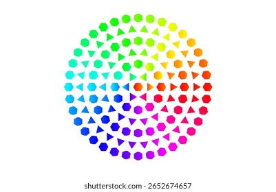 Colorful Spiral of Rotating Hexagons and Triangles – Optical Illusion Circular Pattern in RGB Gradient – Abstract Geometric Design for Modern Art, Digital Background, and Creative Visuals