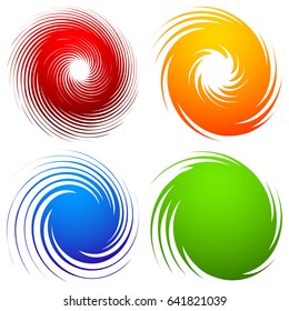 Colorful spiral set. Abstract swirl, twirl design elements with 4 colors included