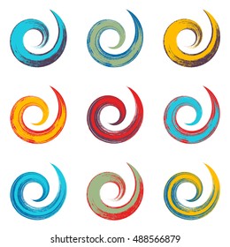 Colorful spiral vector brush strokes collection on white