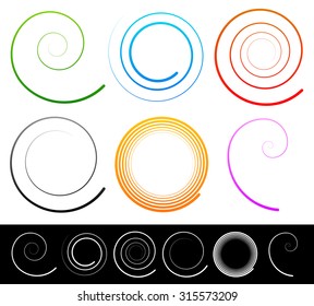 Colorful spirals, swirl, twirl shapes. White versions included. Vector illustration.