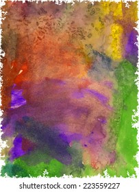 Colorful splash abstract hand painted watercolor background. Dirty chaotic texture for scrapbook pages, banner, cards. Handmade overlay backdrop. Bright artistic painting on paper. Vector.