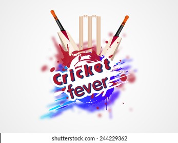 Colorful splash with cricket bat and wicket stumps for Cricket Fever on white background.